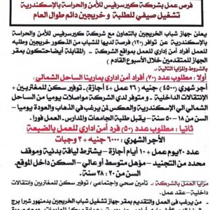 وظائف للخريجين والطلبة بجهاز رعاية وتشغيل الشباب في شركة كيرسرفيس للأمن براتب 6000 جنية