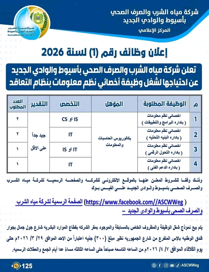 وظائف حكوميه شركة المياه والشرب والصرف الصحي لمختلف المؤهلات والتخصصات 2026 